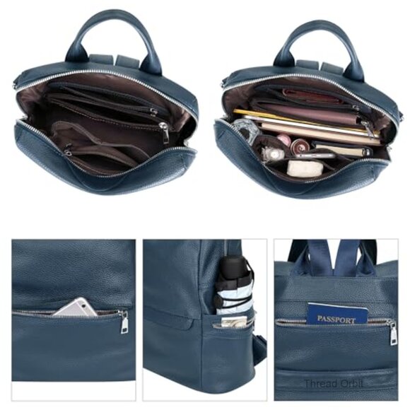 Genuine Leather Backpack Purse with Multiple Pockets, Adjustable Strap